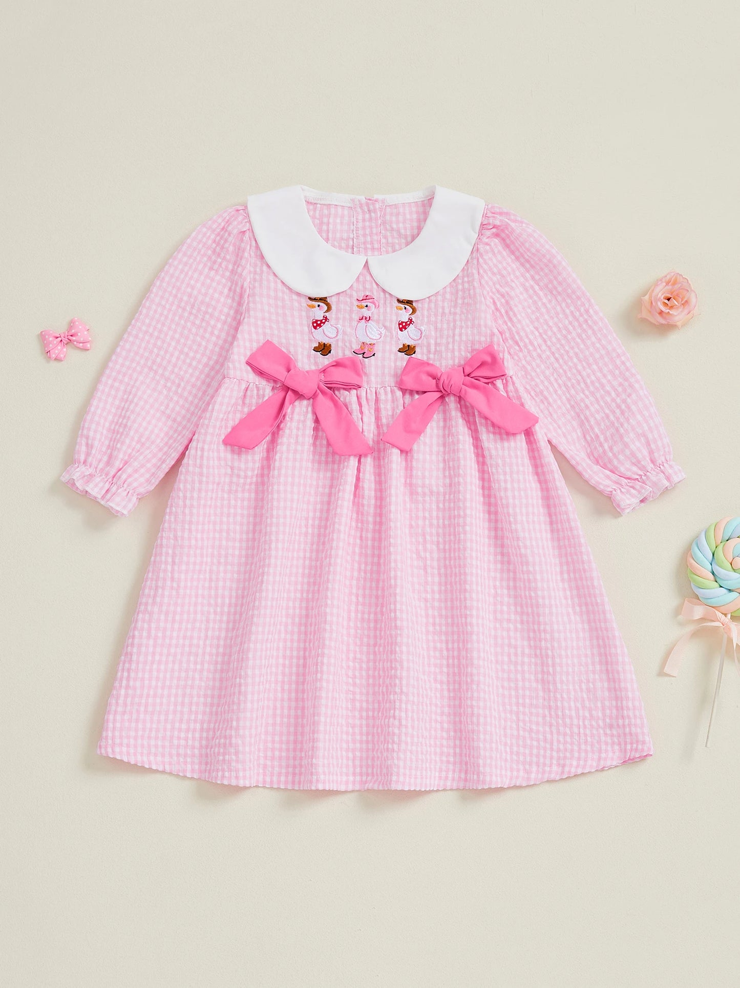 Baby Girl Plaid Overall Dress with Ruffle Hem and Floral Embroidery Sweet Toddler Outfit for Spring and Summer