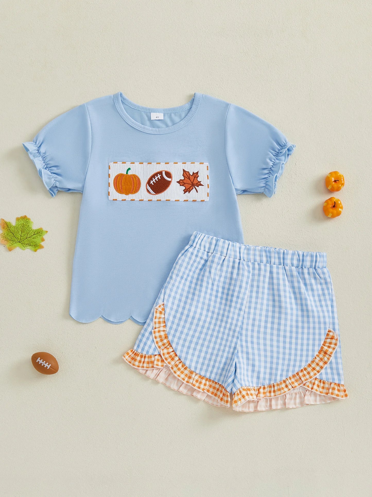 Adorable Baby Girls Halloween Costume Embroidered T-Shirt with Plaid Ruffle Shorts Set - Cute Toddler Outfit for Fall