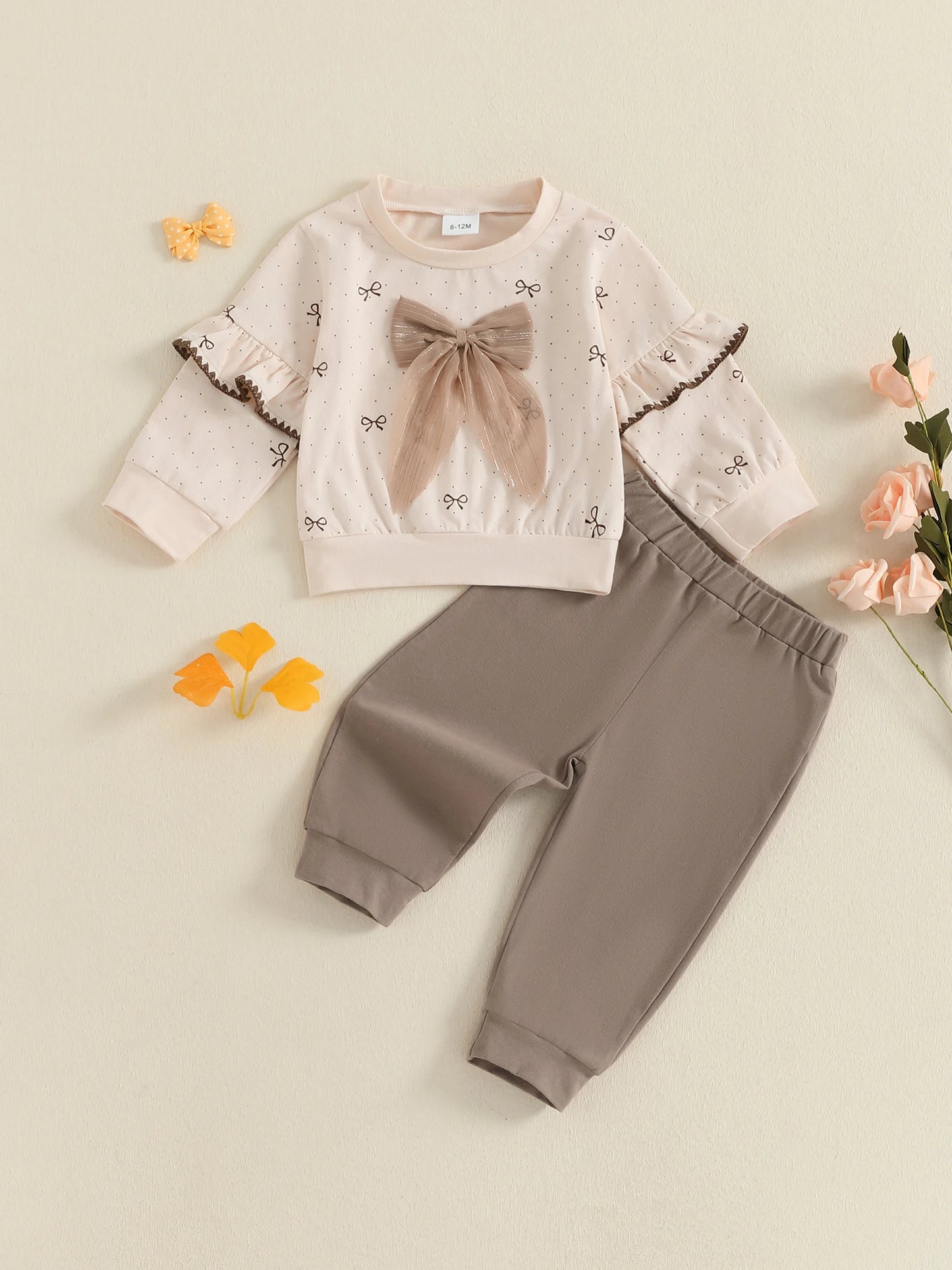 Adorable Toddler Girl Autumn Ensemble with 3D Bow Print Top and Elastic Waist Pants - 2 Piece Set for Fall Fun